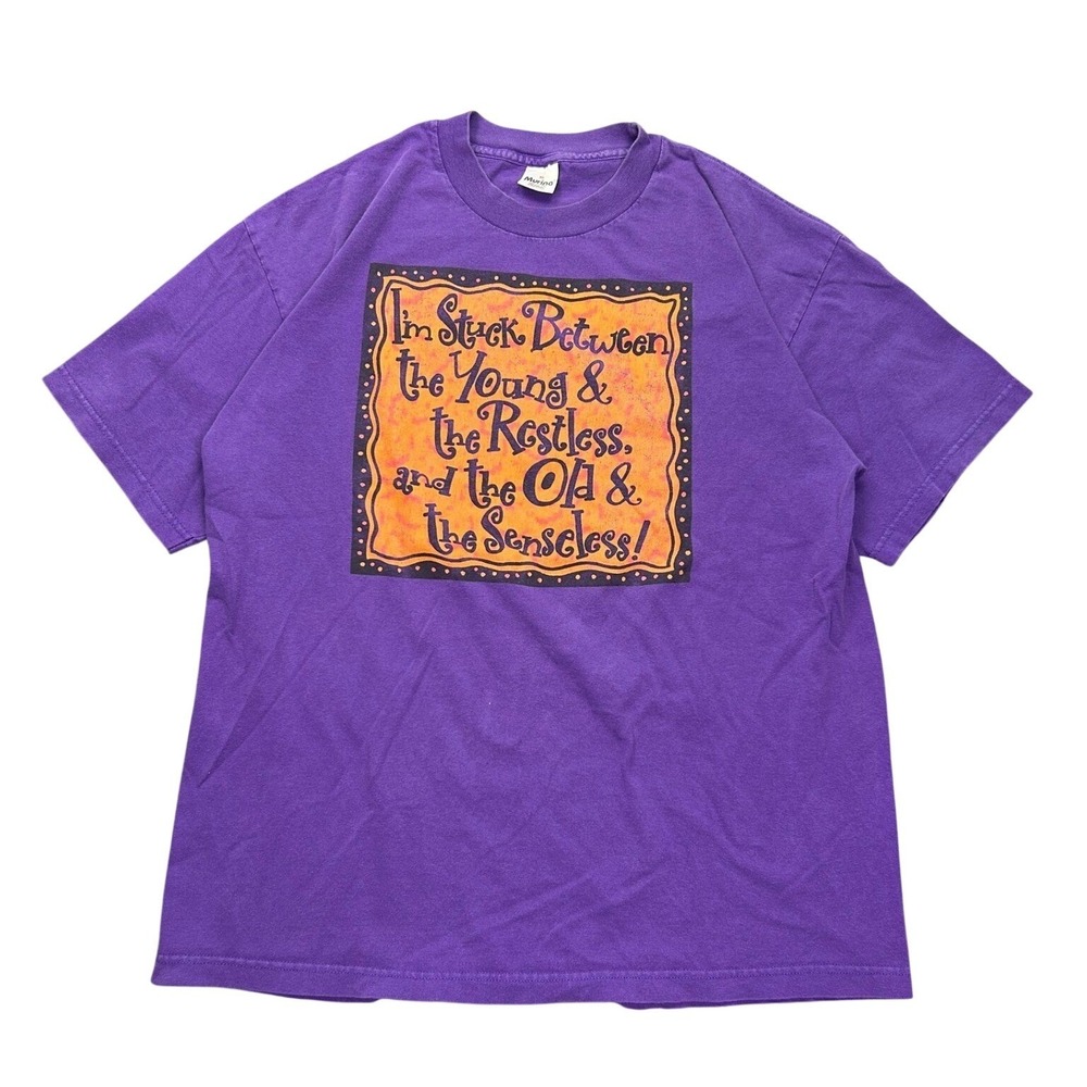 VTG 90s Humor Graphic Tee Purple Murina "Young & Restless Old & Senseless" XL